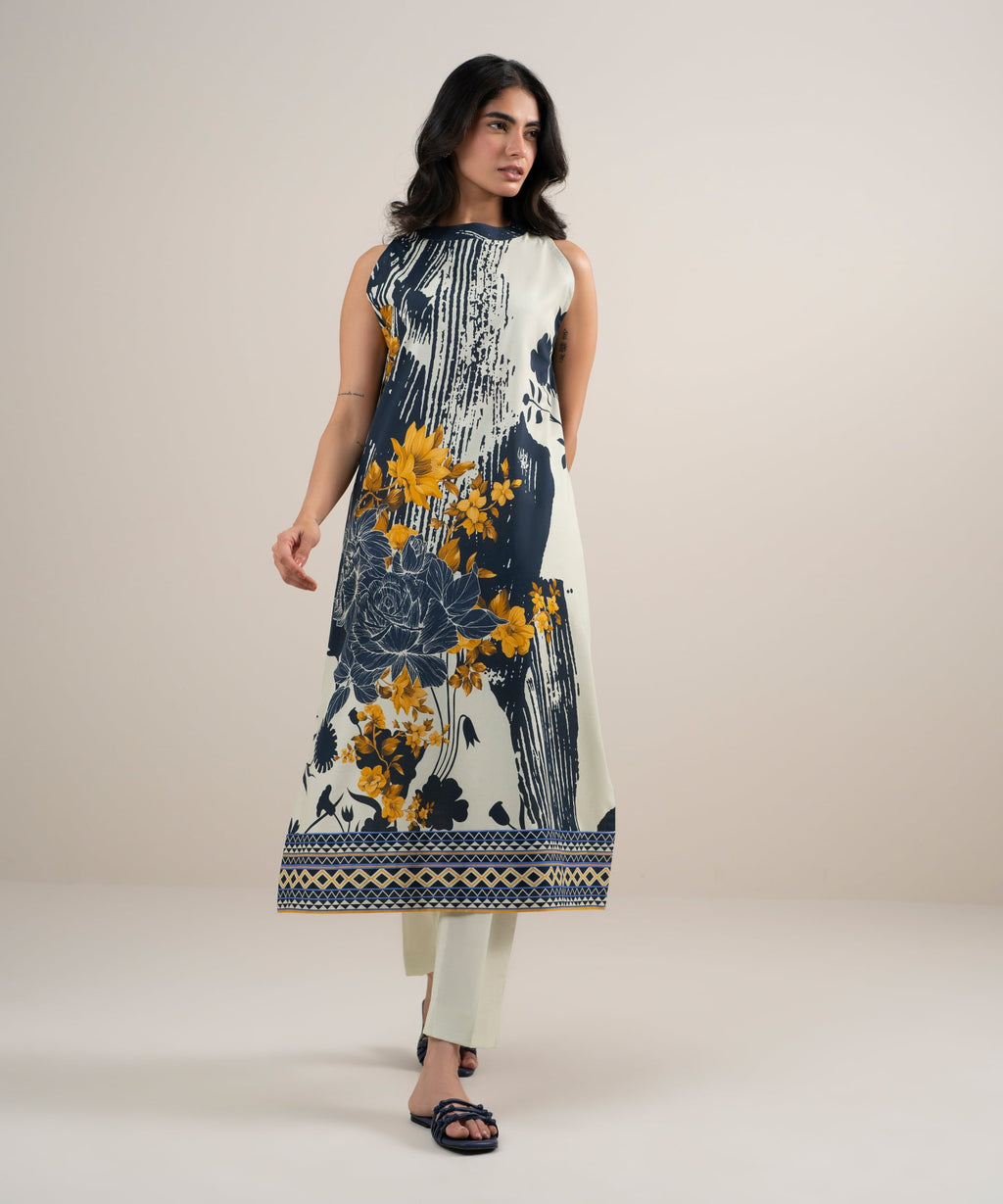 2 Piece - Printed Lawn Suit - WHITE AND  BLACK
