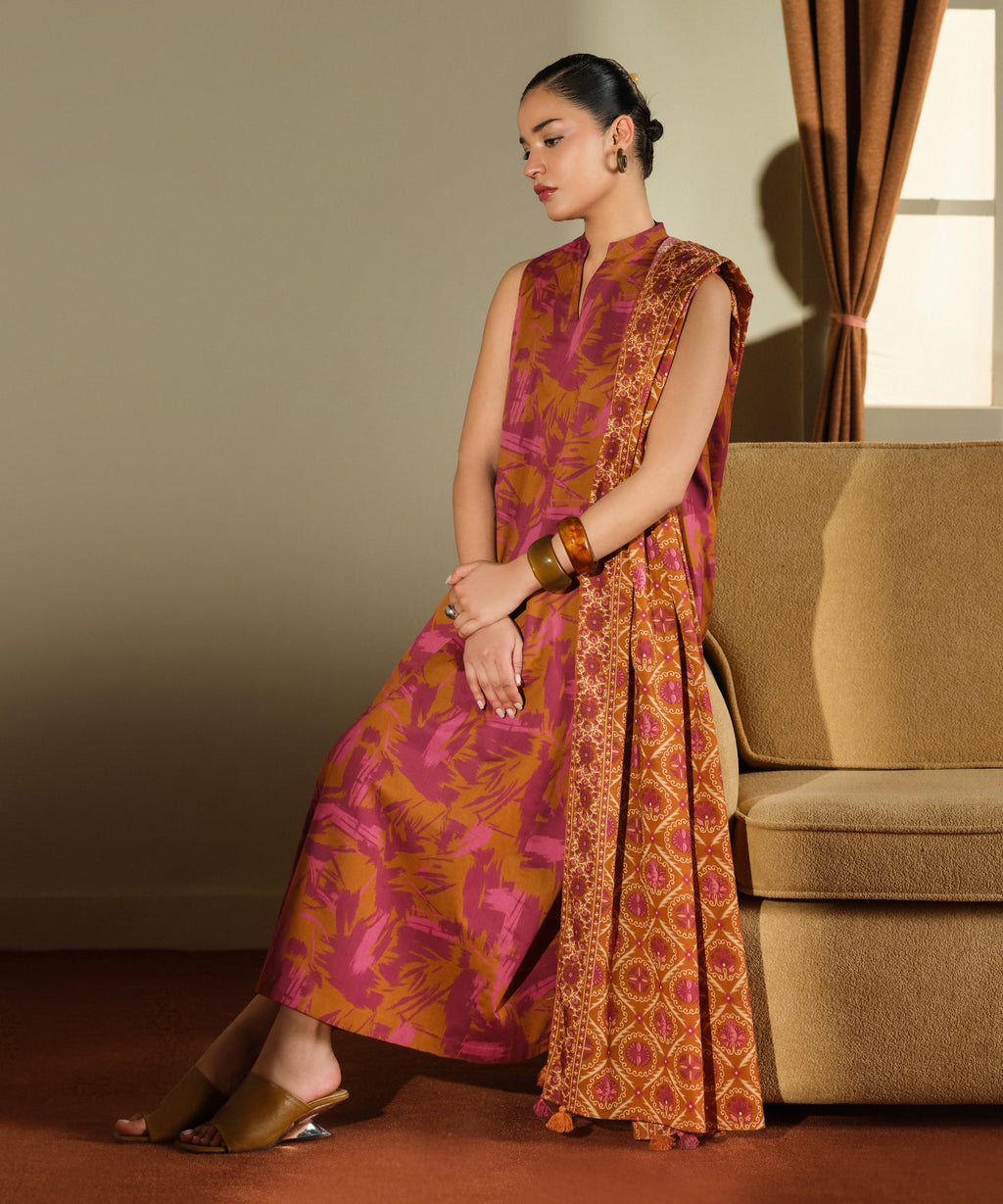 3 Piece - Printed Lawn Suit - ORANGE