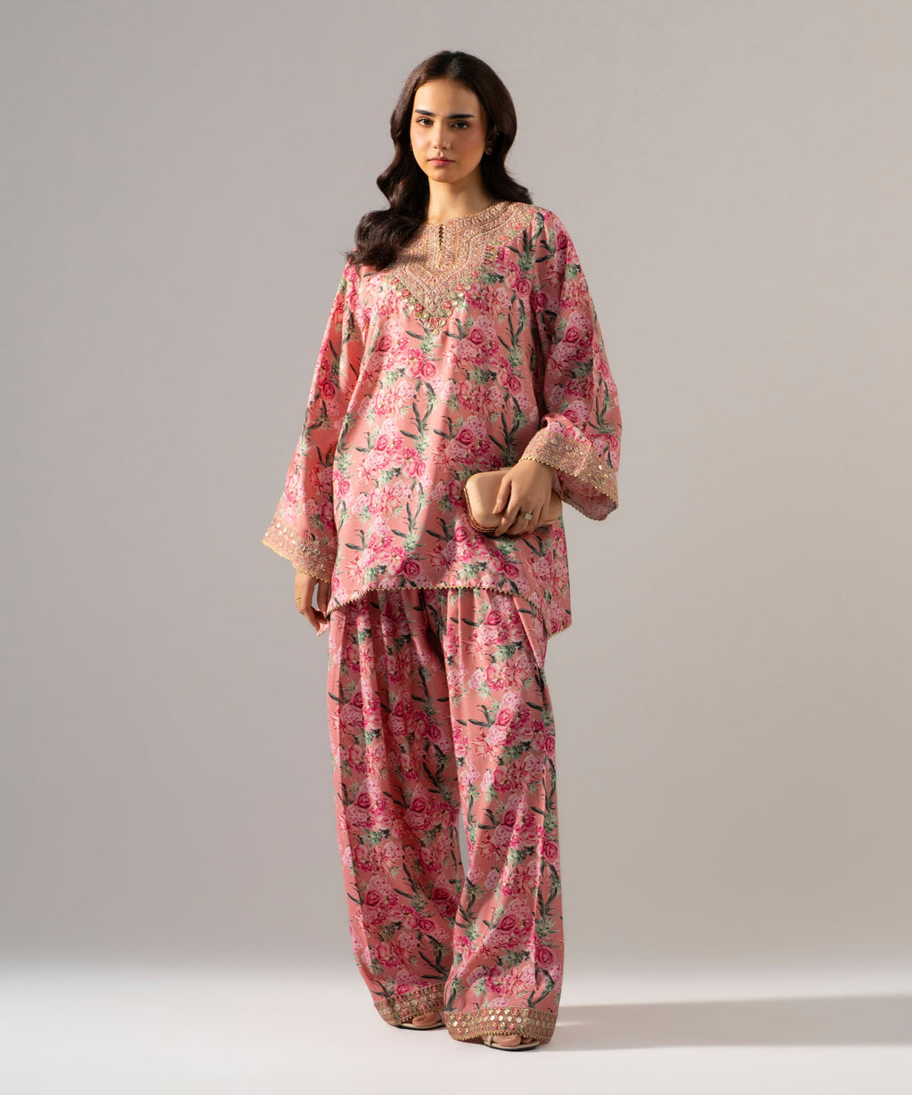 2 Piece - Embroidered Raw Silk Suit
