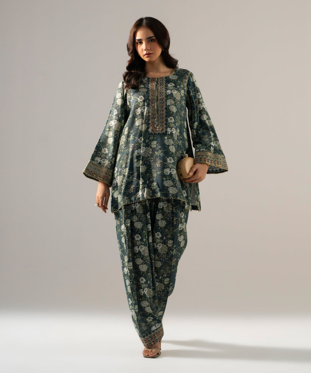 2 Piece - Embroidered Raw Silk Suit