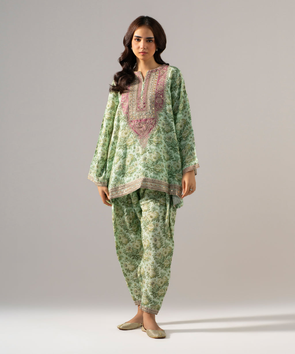 2 Piece - Embroidered Raw Silk Suit