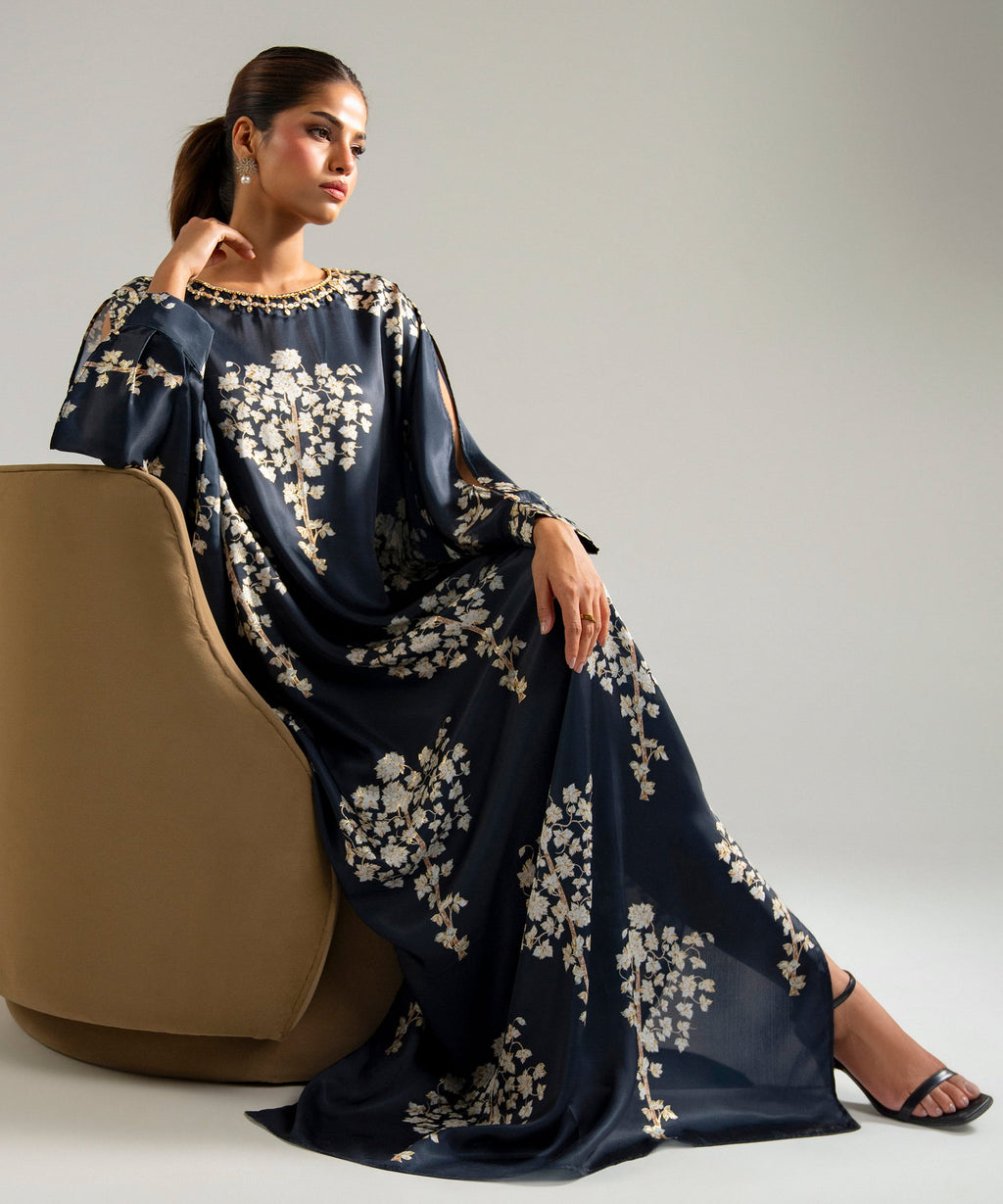 Printed Satin Kaftan - DARK BLUE