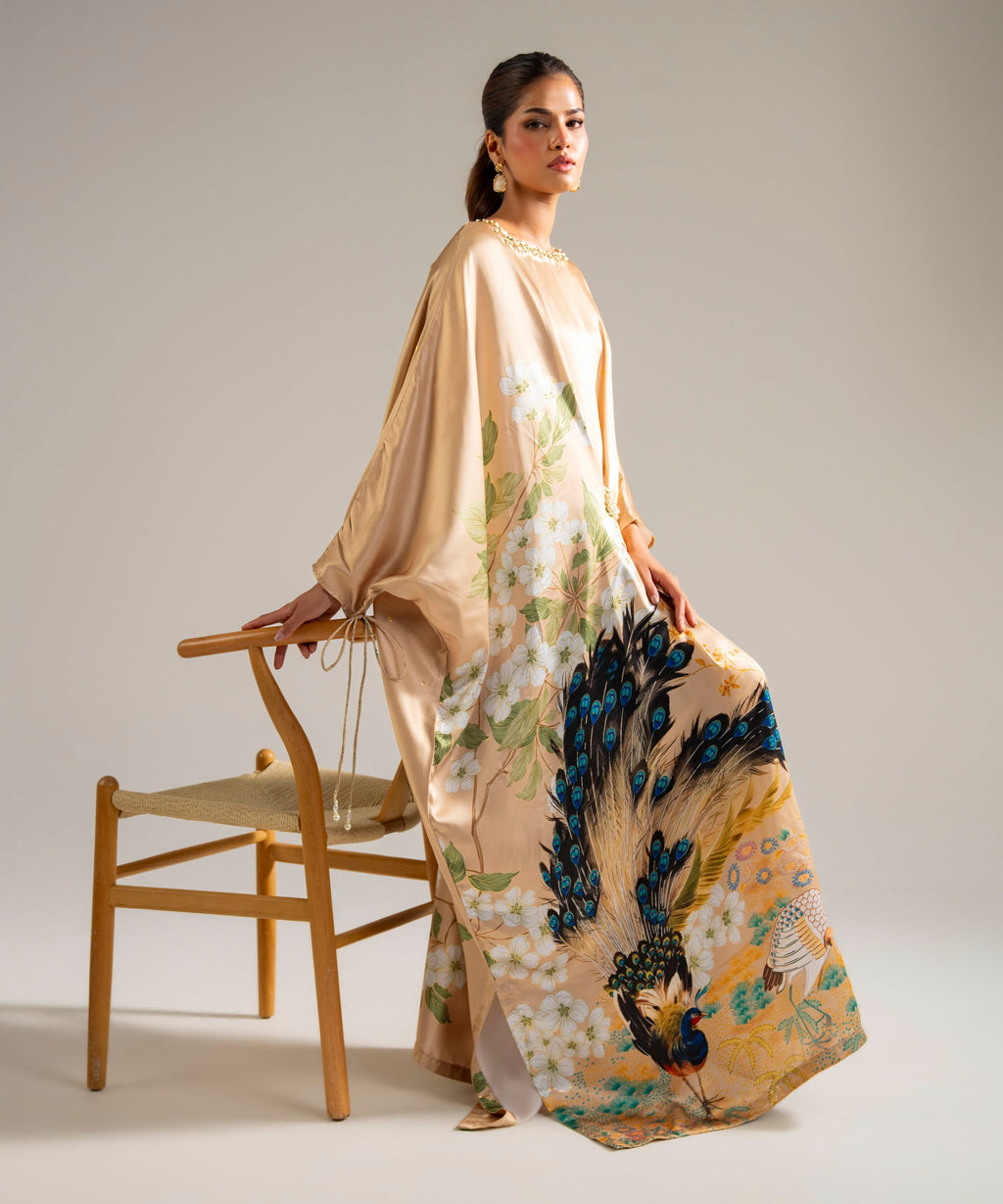 Printed Satin Kaftan - BEIGE