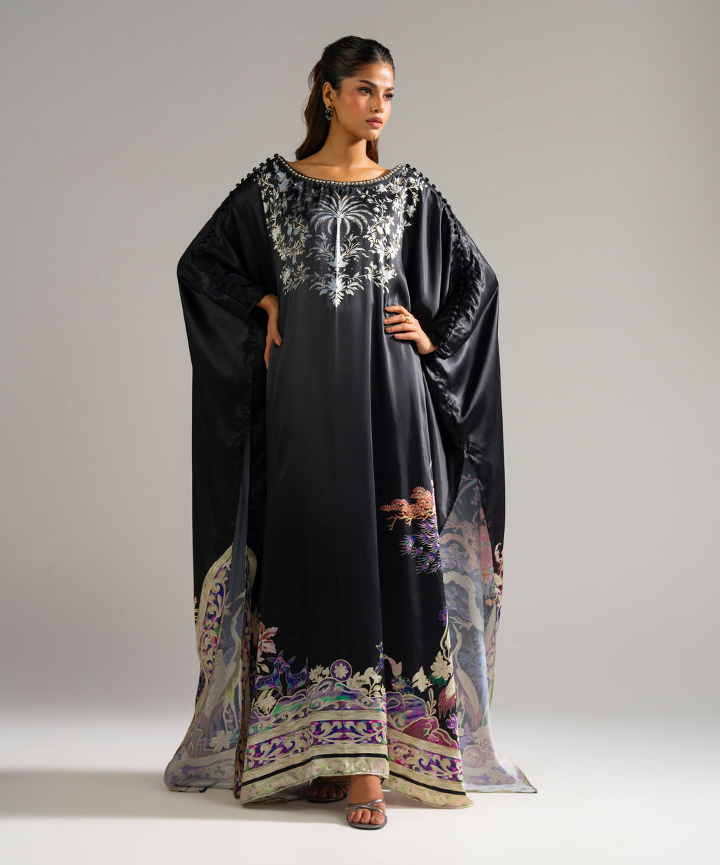 Printed Satin Kaftan - BLACK