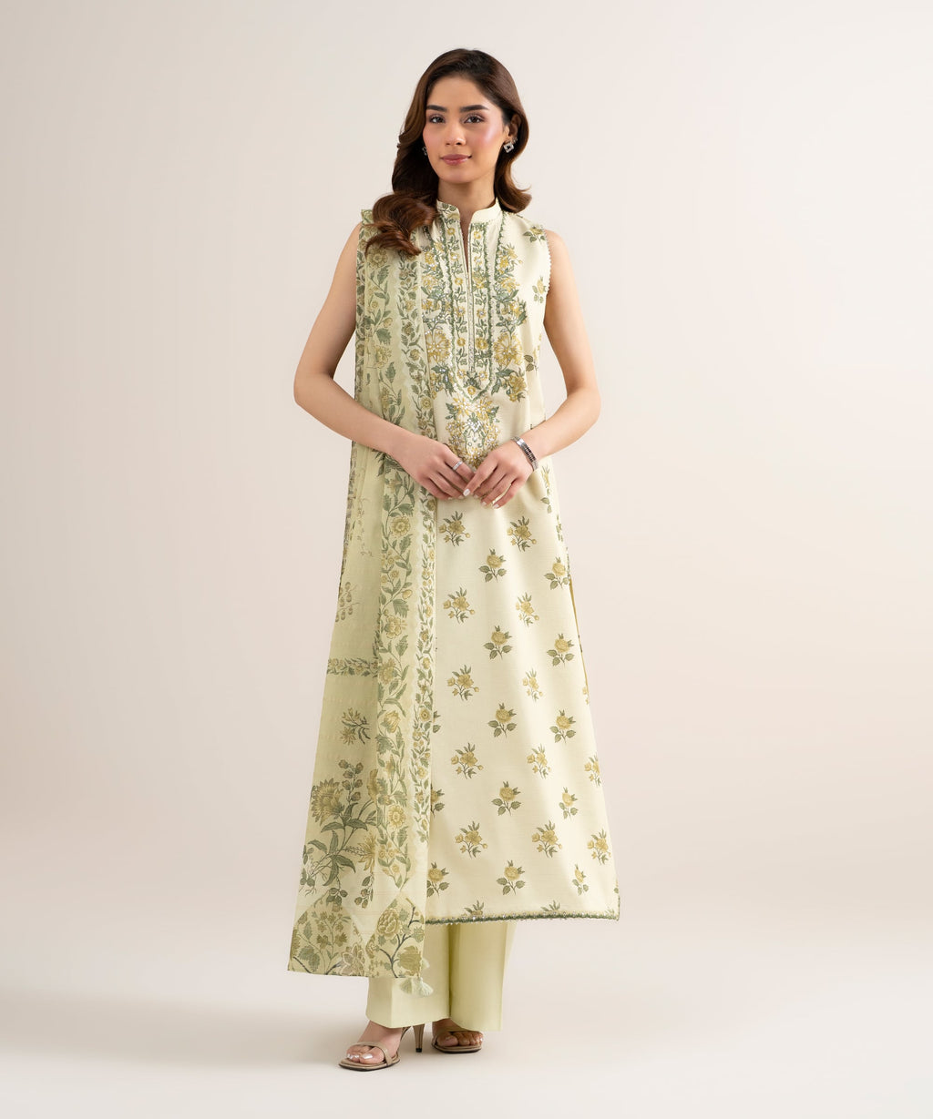 3 Piece - Embroidered Zari Lawn Suit - OFF WHITE