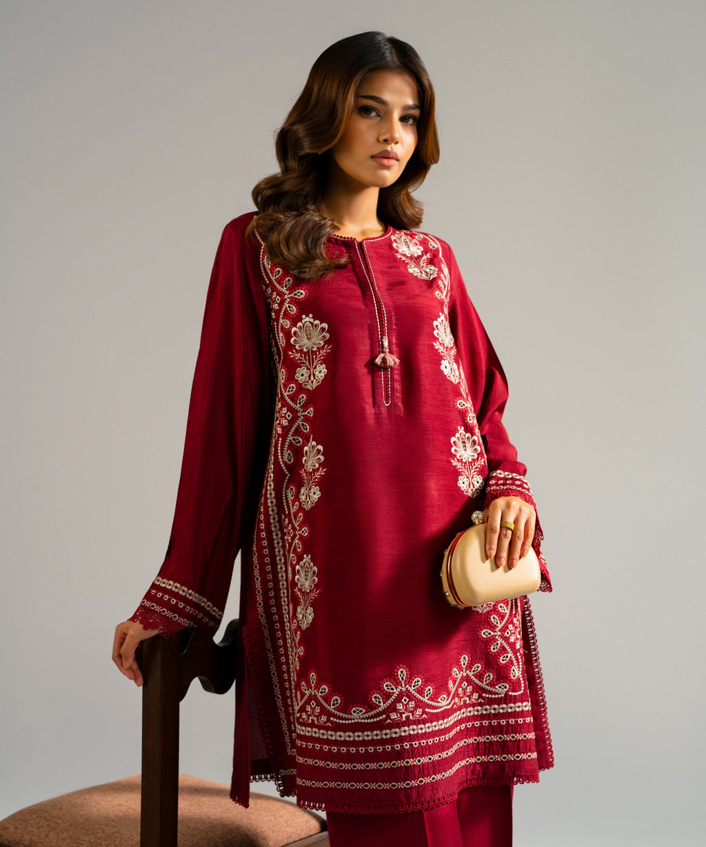 2 Piece - Embroidered Raw Silk Suit - MAROON