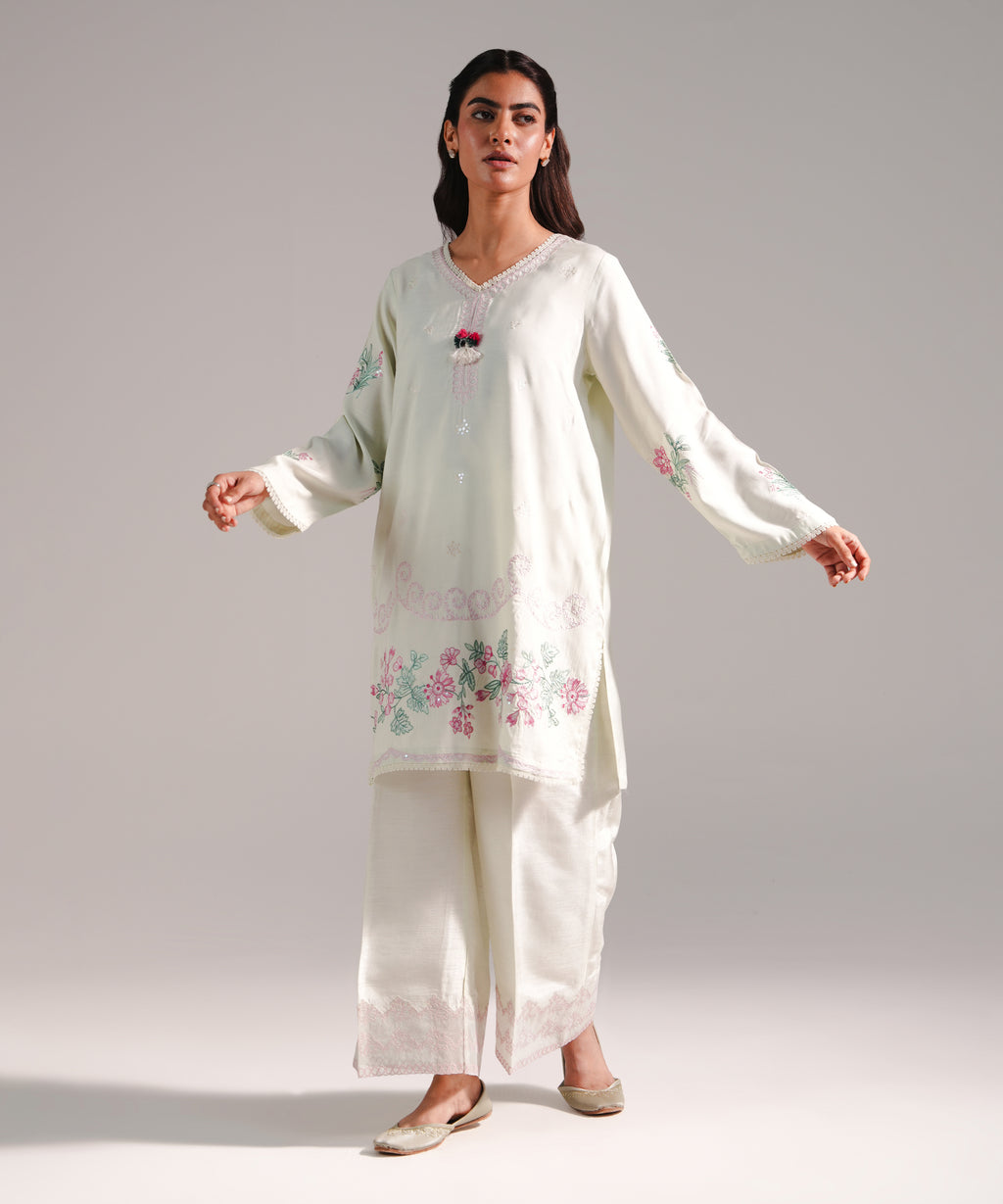 2 Piece - Embroidered Raw Silk Suit
