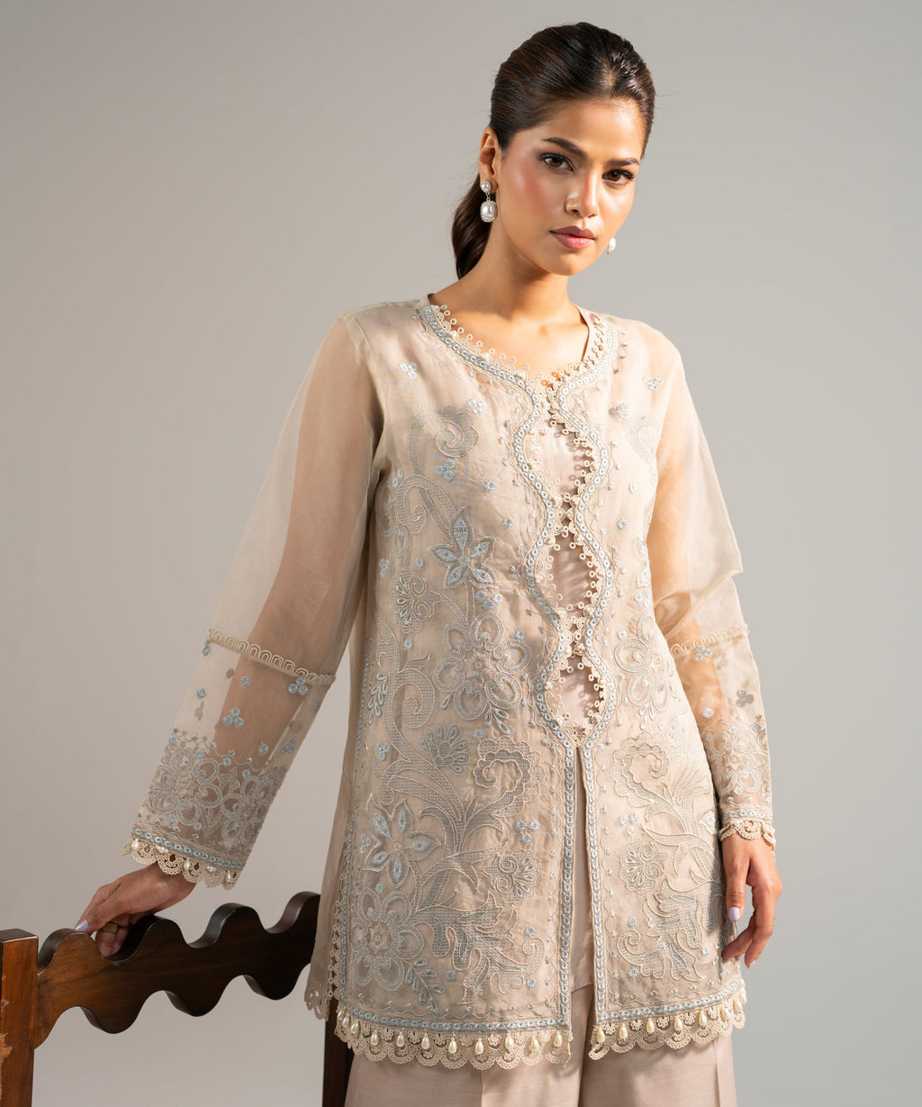 2 Piece - Embroidered Organza Suit - BEIGE