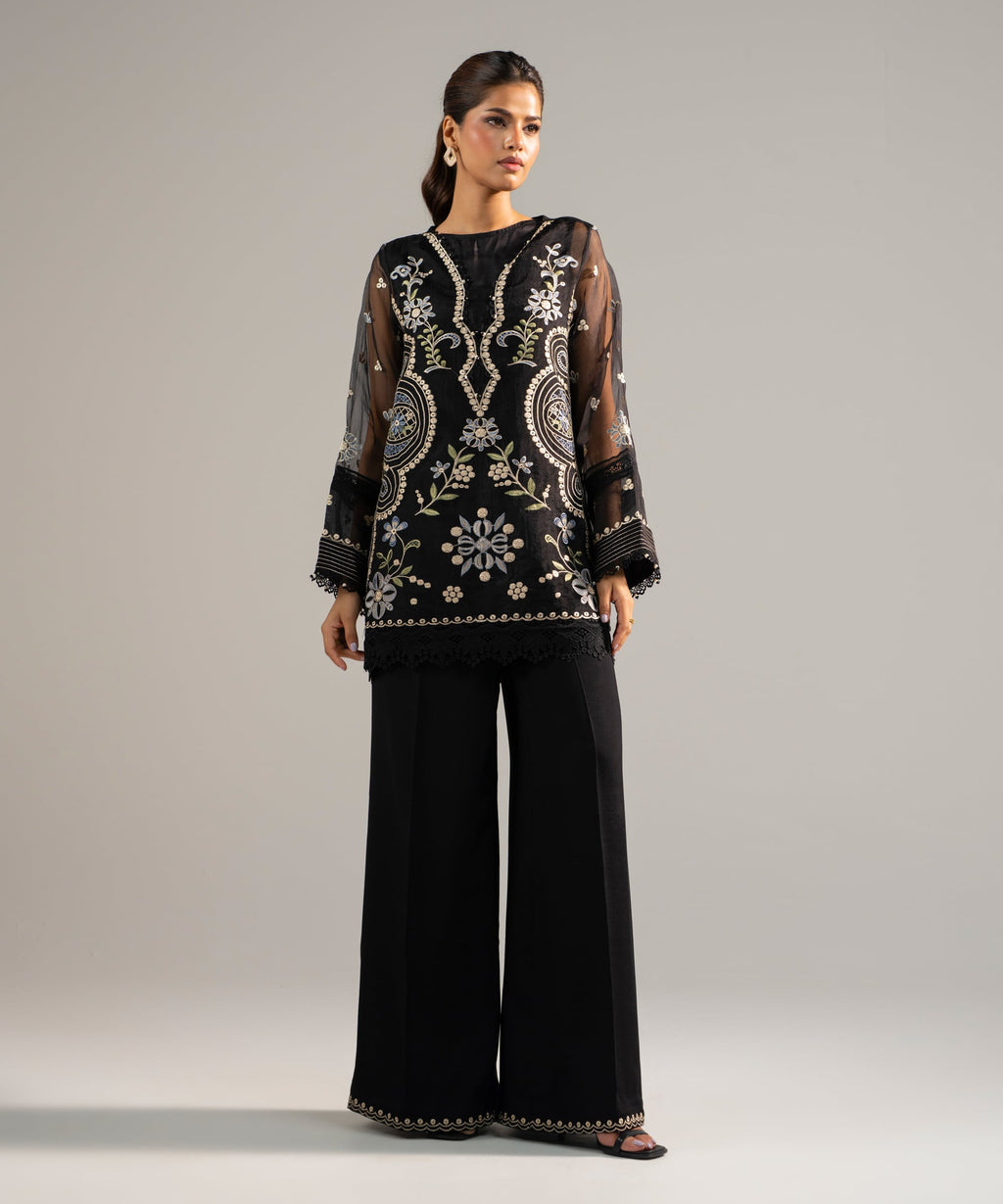 2 Piece - Embroidered Organza Suit - BLACK
