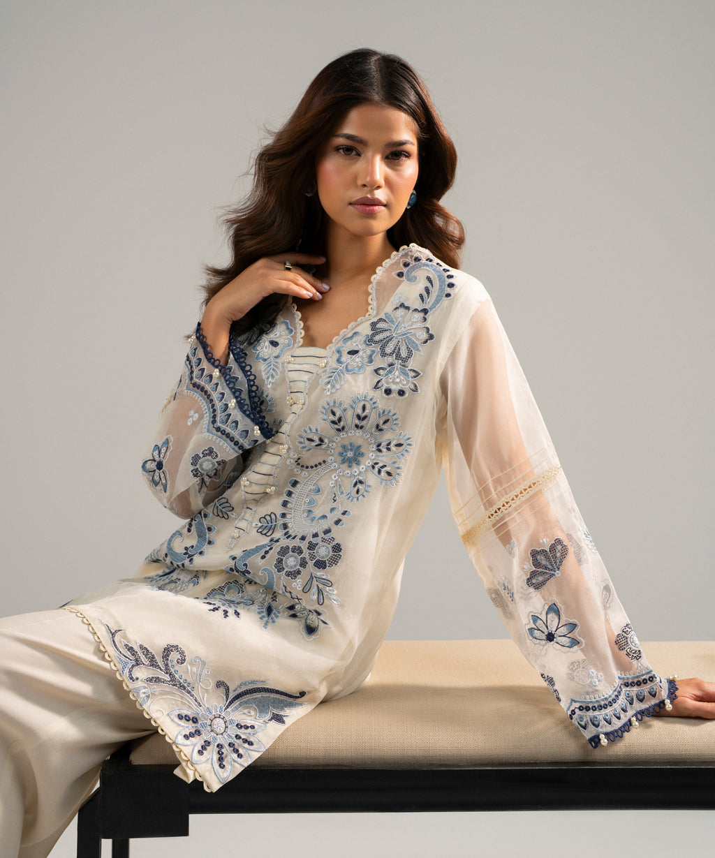 2 Piece - Embroidered Organza Suit - OFF WHITE