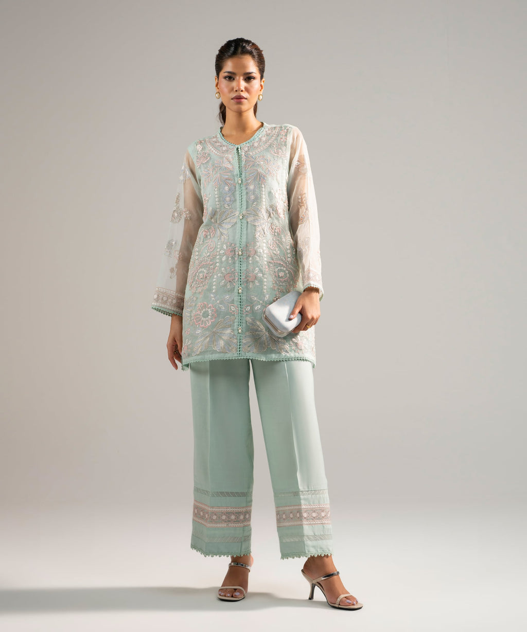 2 Piece - Embroidered Organza Suit - GREEN