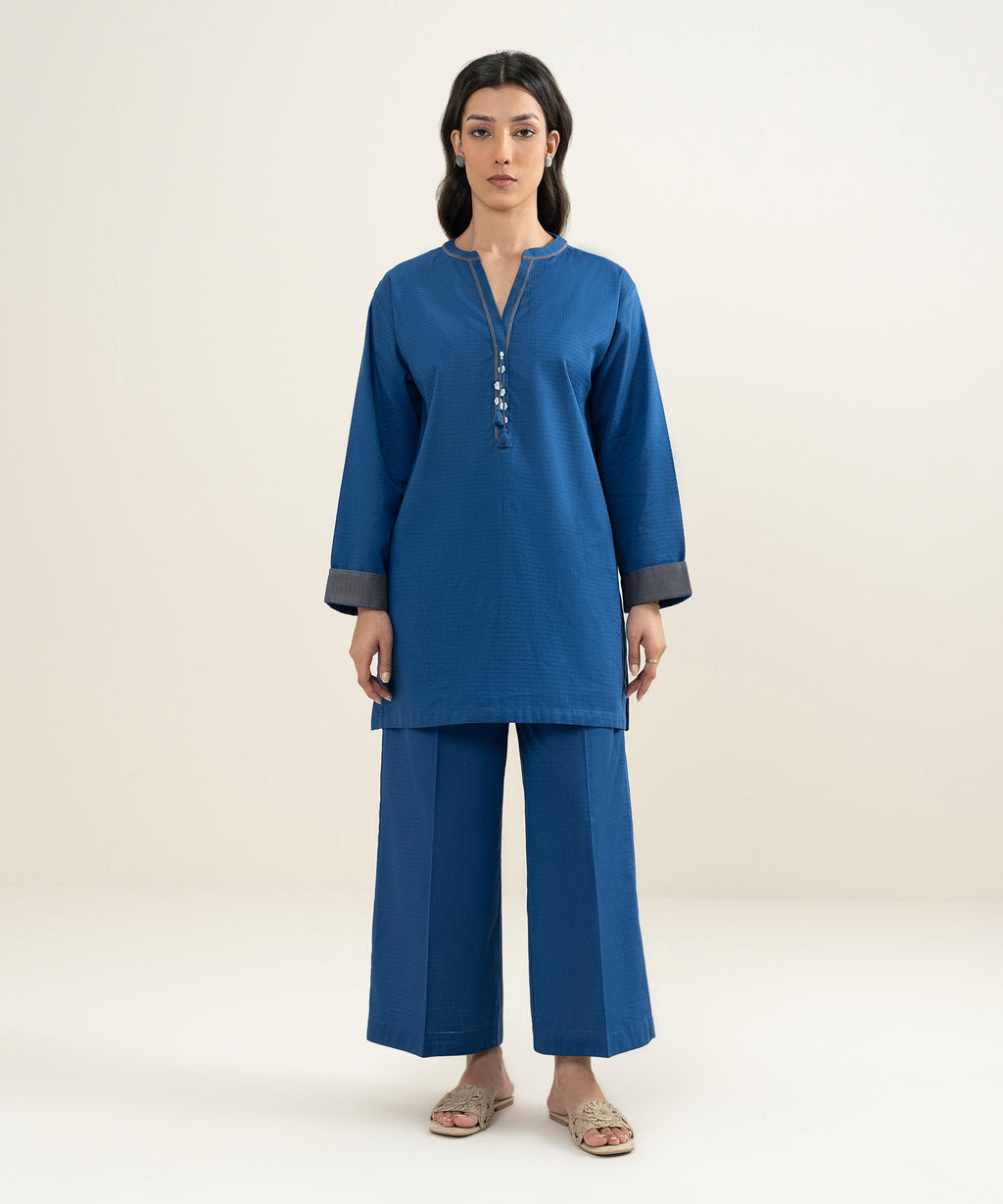 Women's RTW Dobby Solid Blue Straight Shirt