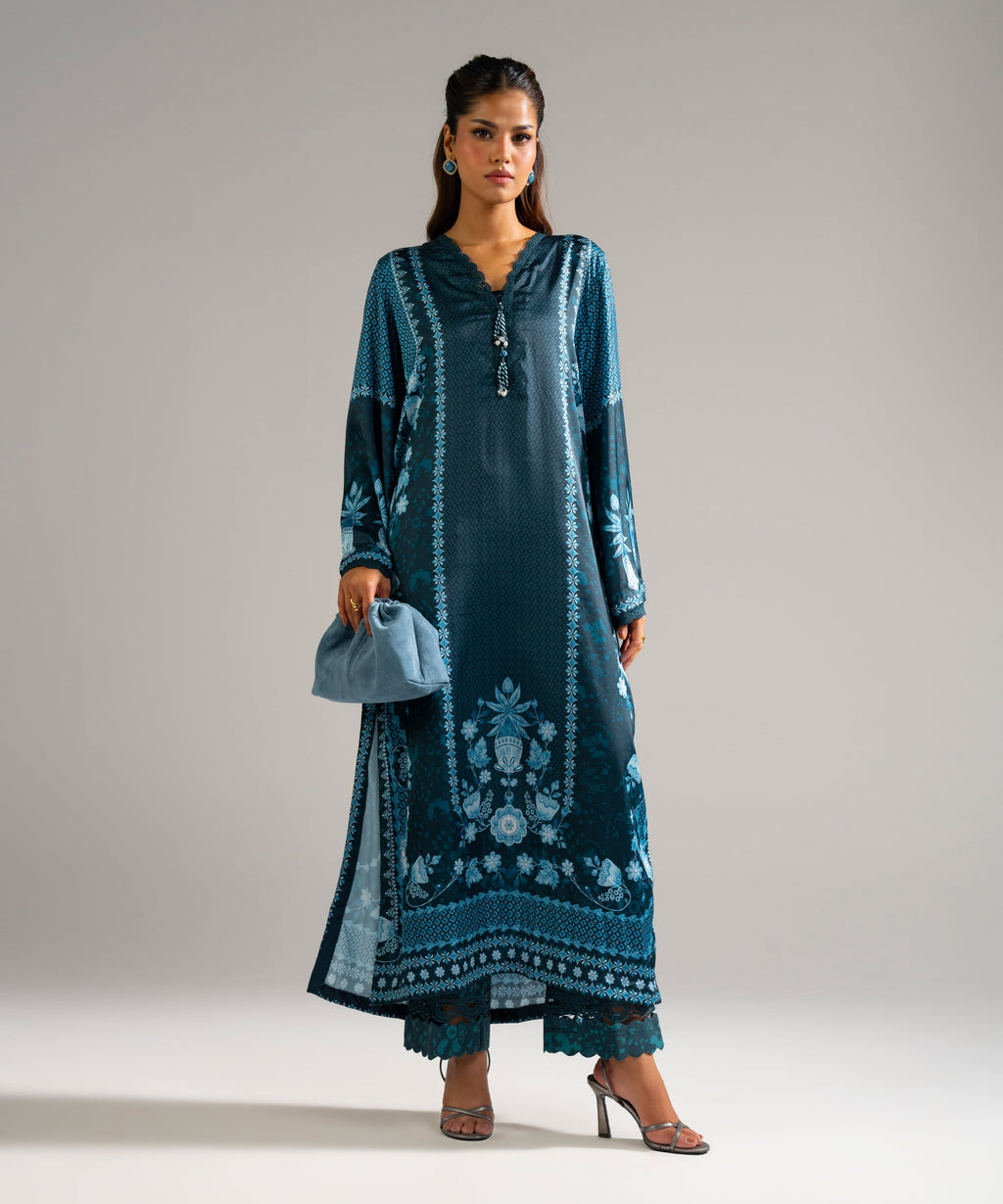 2 Piece - Printed Satin Suit - GREEN