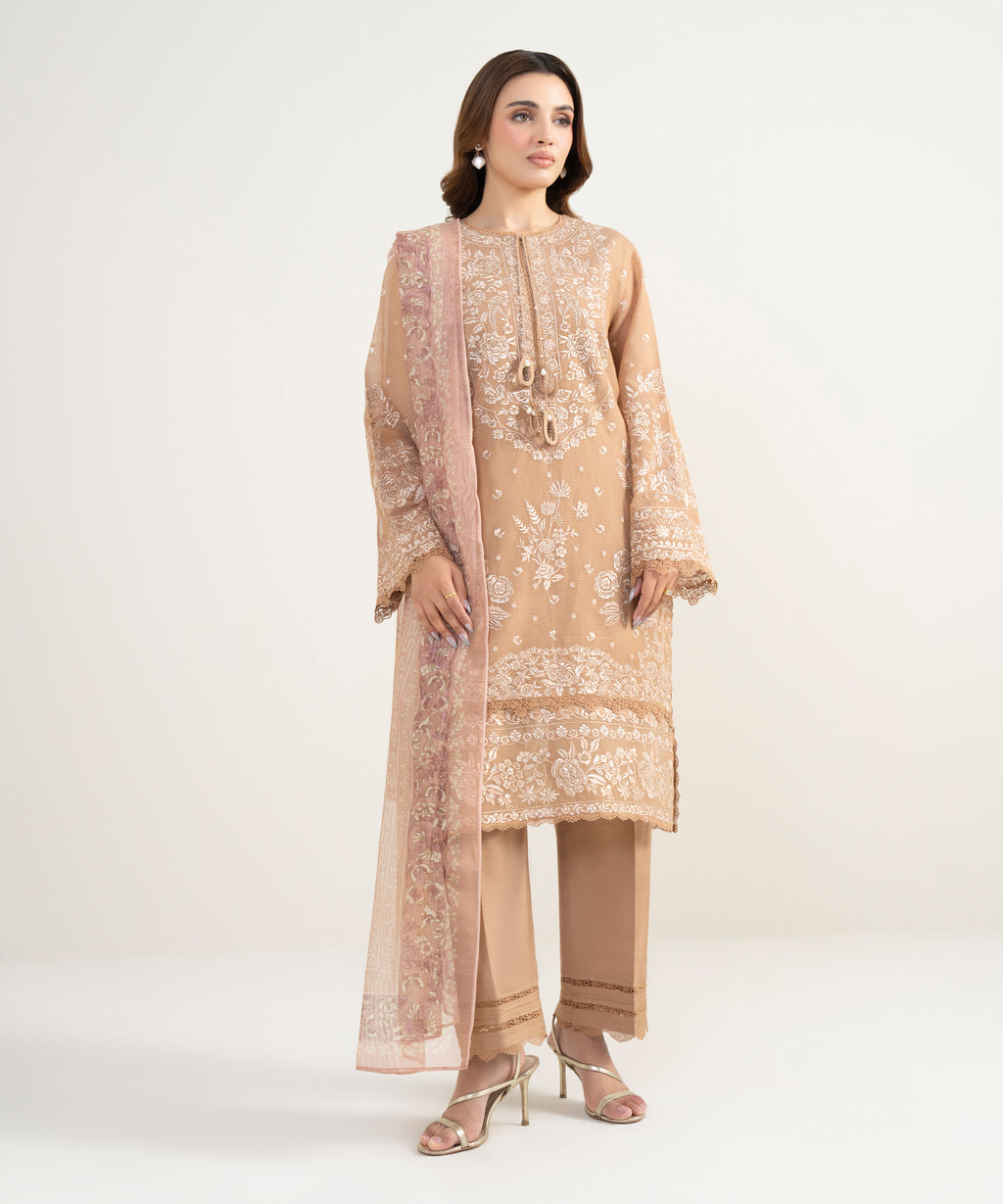 3 Piece - Embroidered Khaddi Net Suit