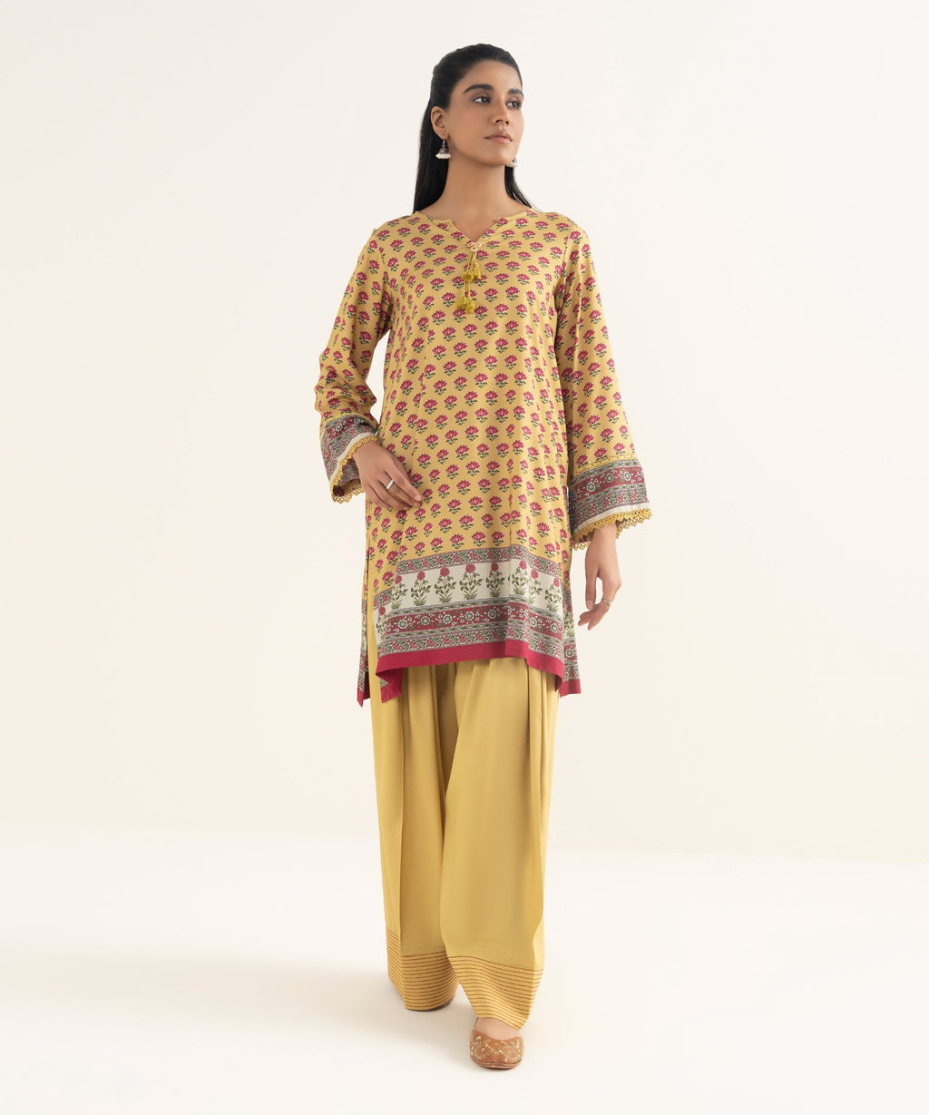 Women's RTW Linen Viscose Printed Pale Yellow Straight Shirt