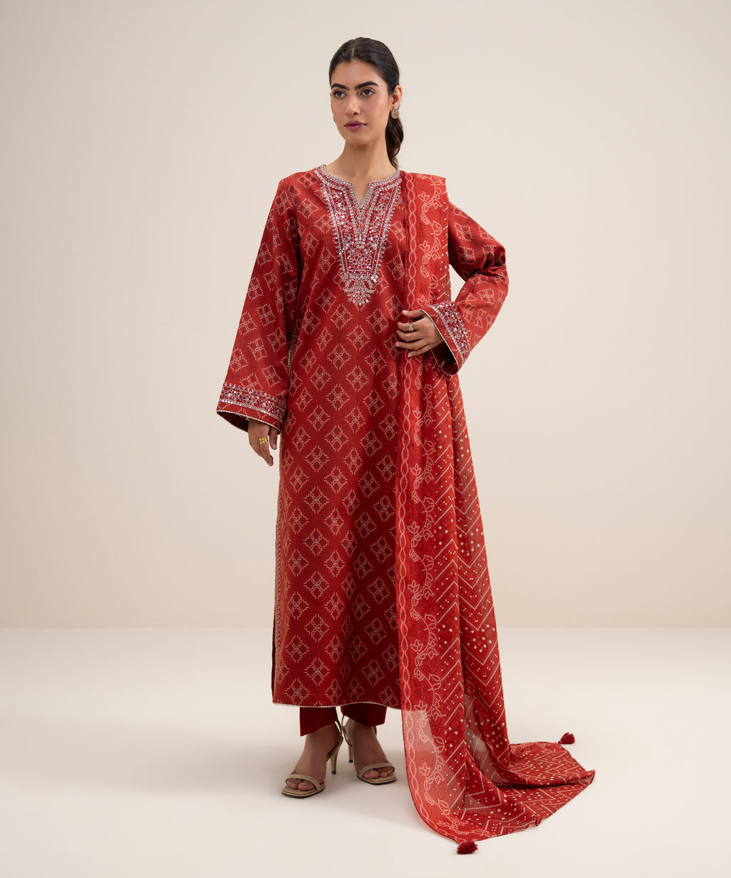 3 Piece - Embroidered Lawn Suit - RED
