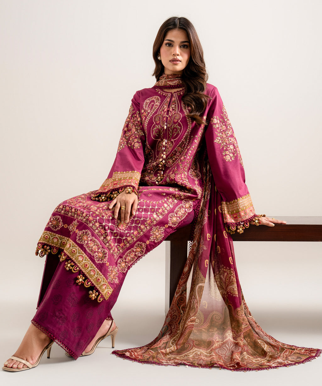3 Piece - Embroidered Cotton Satin Suit