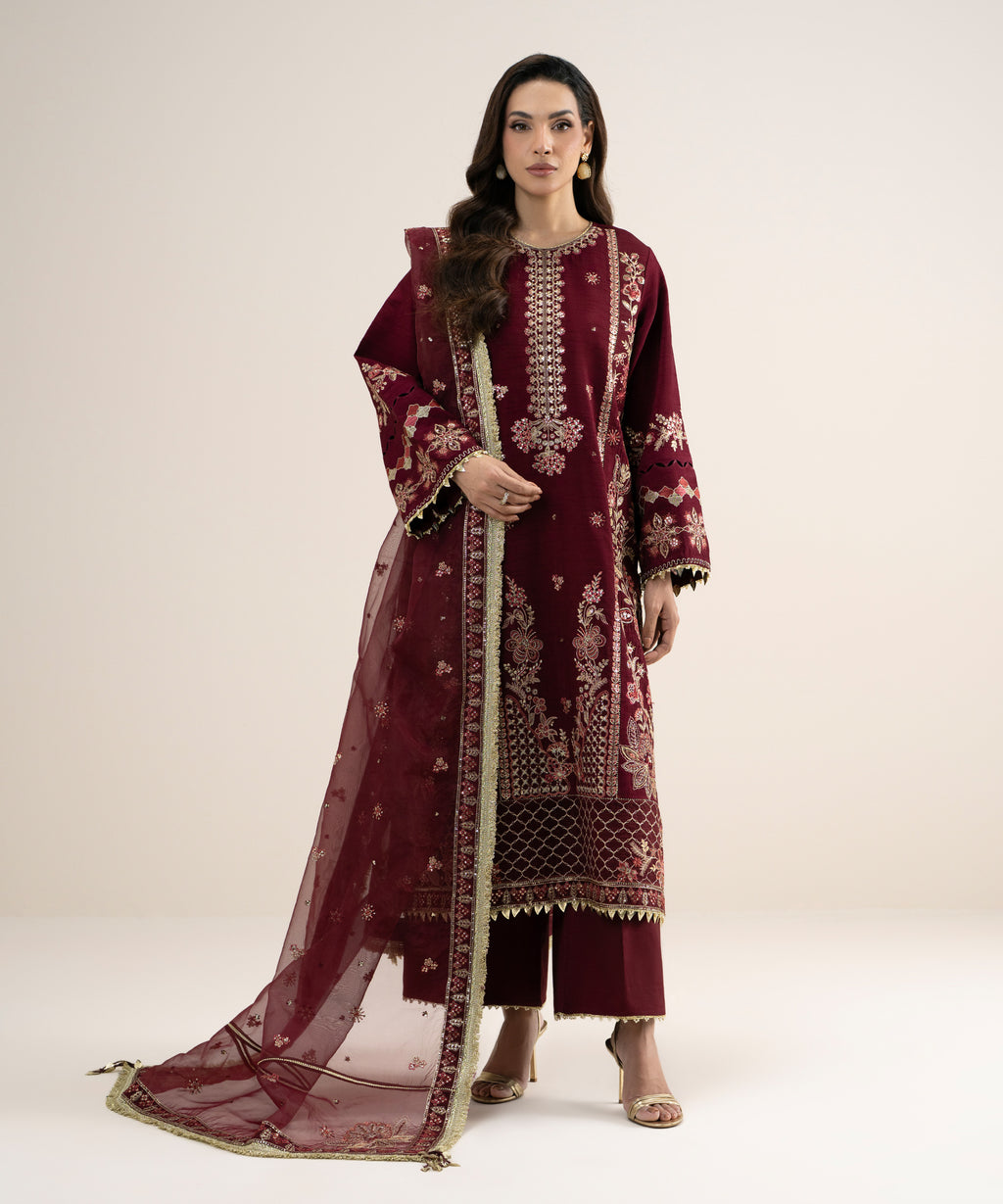 3 Piece - Embroidered Raw Silk Suit