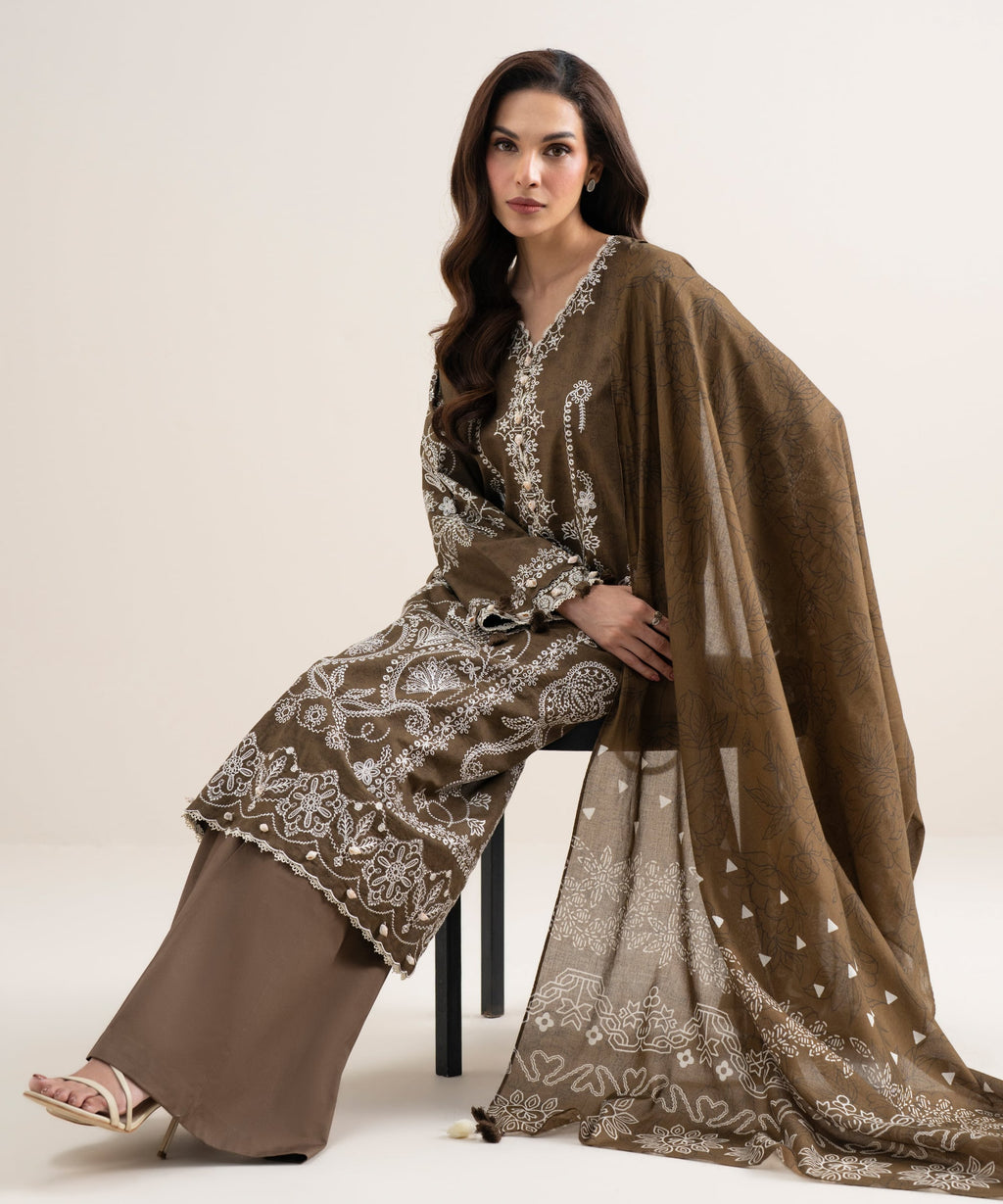 3 Piece - Embroidered Lawn Suit - BROWN