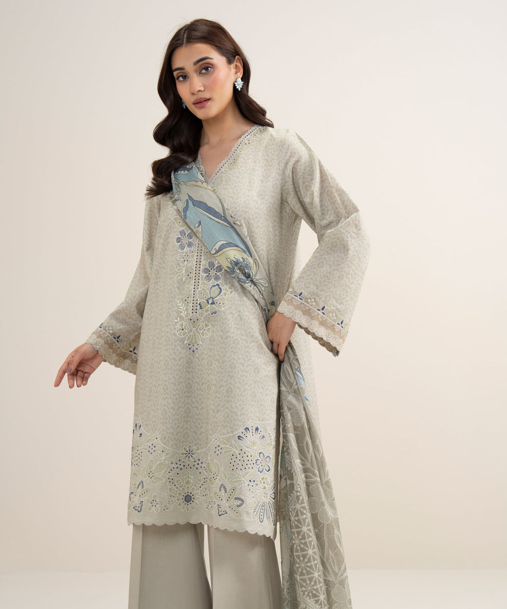 3 Piece - Embroidered Lawn Suit - BEIGE