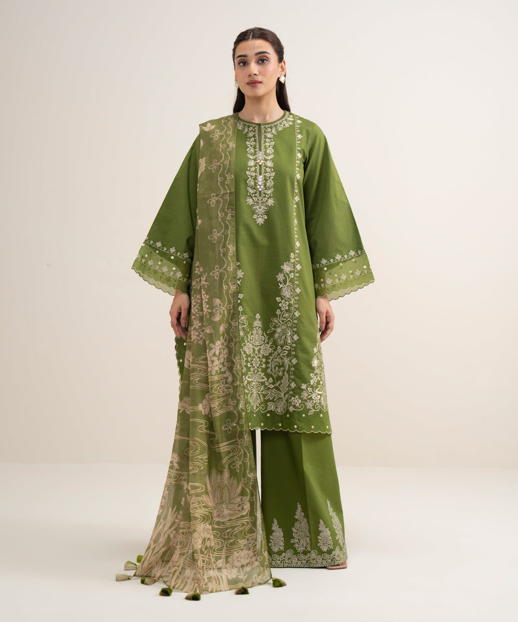 3 Piece - Embroidered Lawn Suit - PARROT GREEN