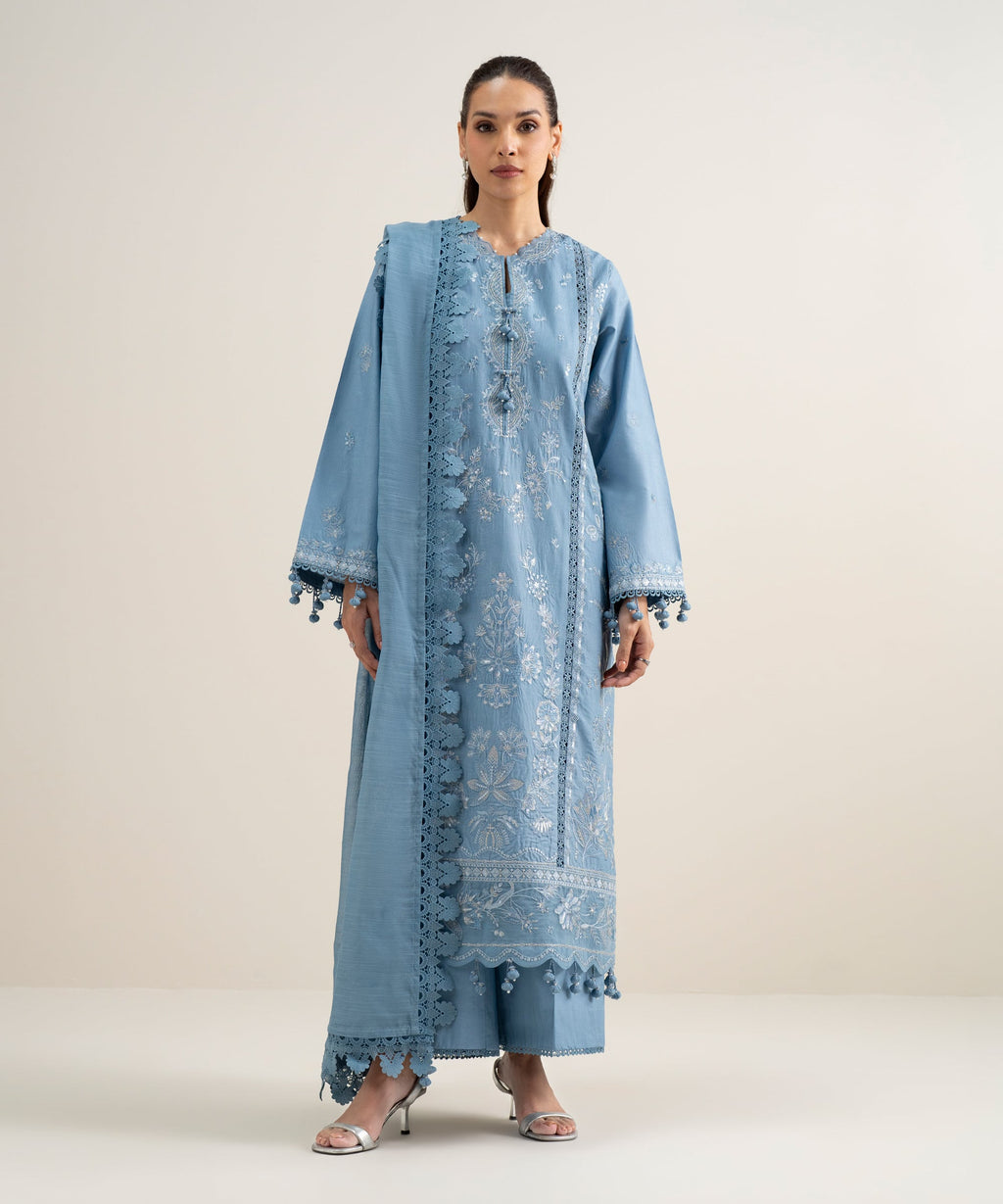 3 Piece - Embroidered Lawn Suit - SKY BLUE