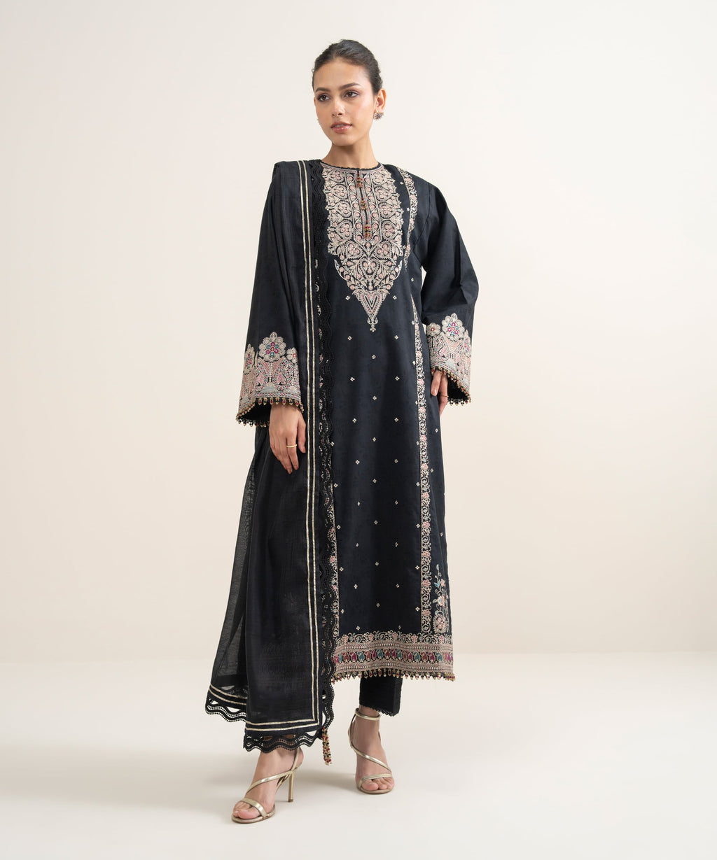 3 Piece - Embroidered Jacquard Suit - BLACK