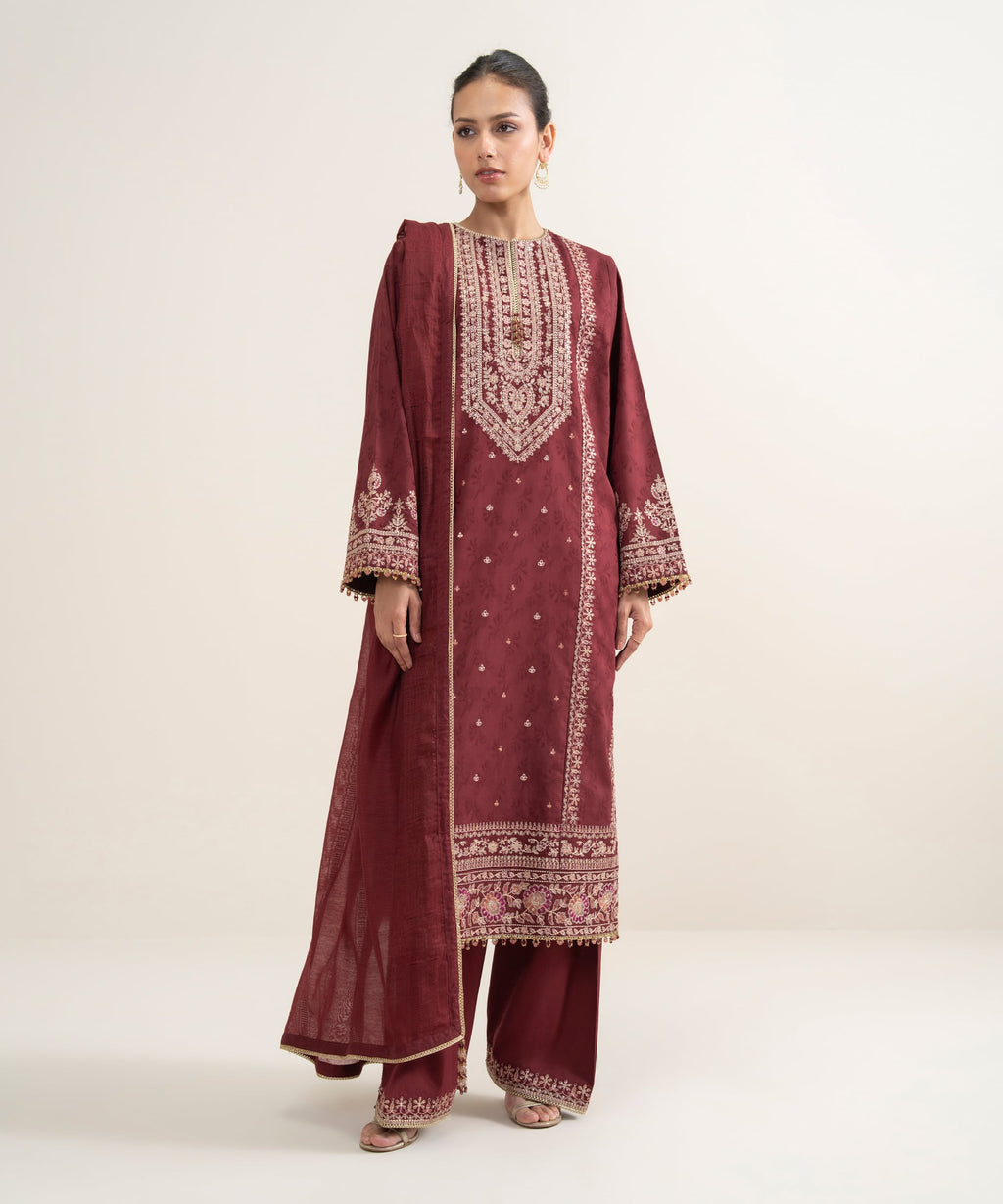 3 Piece - Embroidered Jacquard Suit - RED
