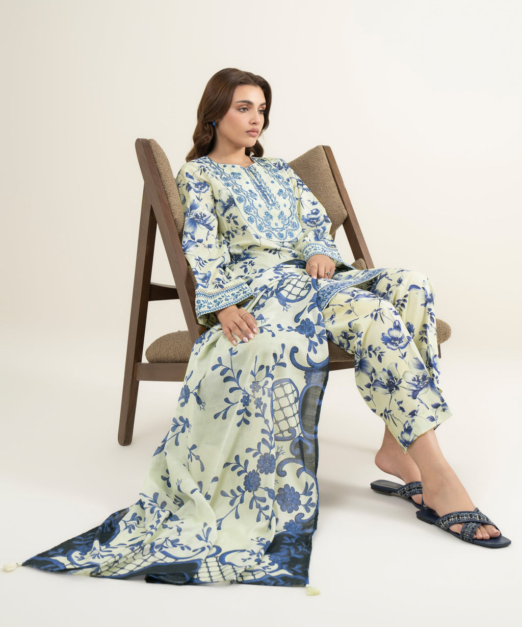 Women's RTW Slub Lawn Embroidered Beige 3 Piece Suit