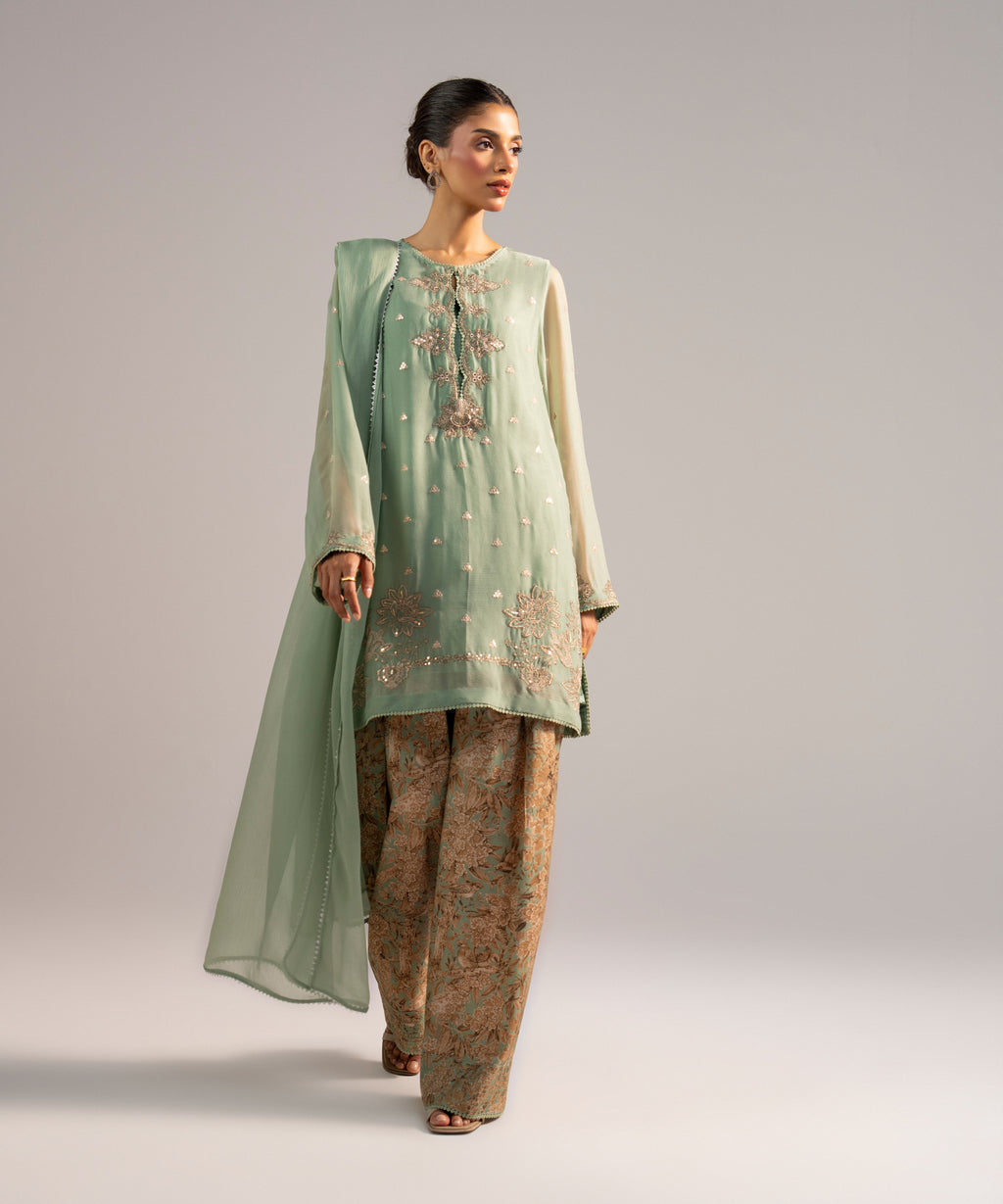 3 Piece - Embroidered Chiffon Suit - GREEN