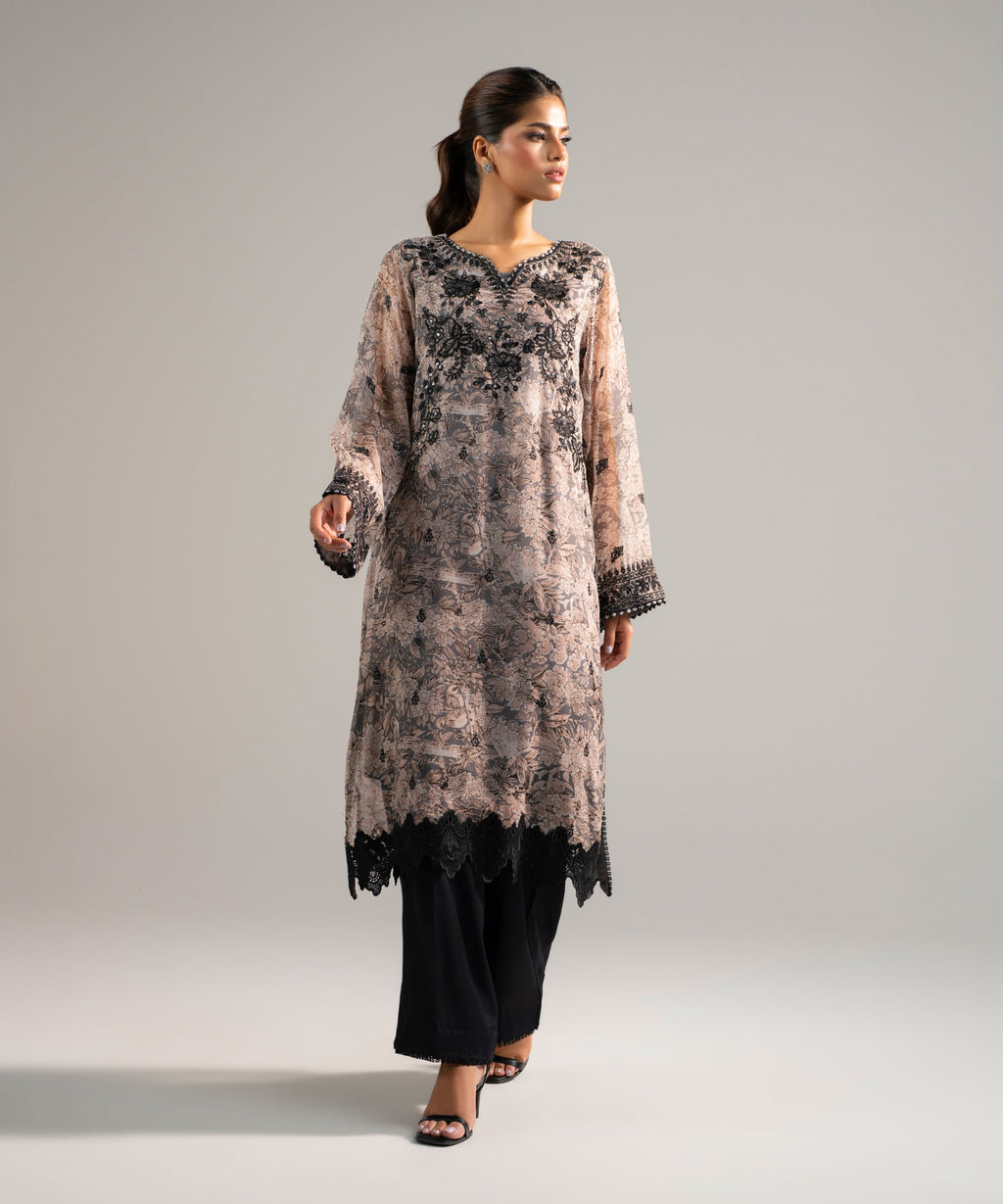 2 Piece - Embroidered Chiffon Suit - GREY