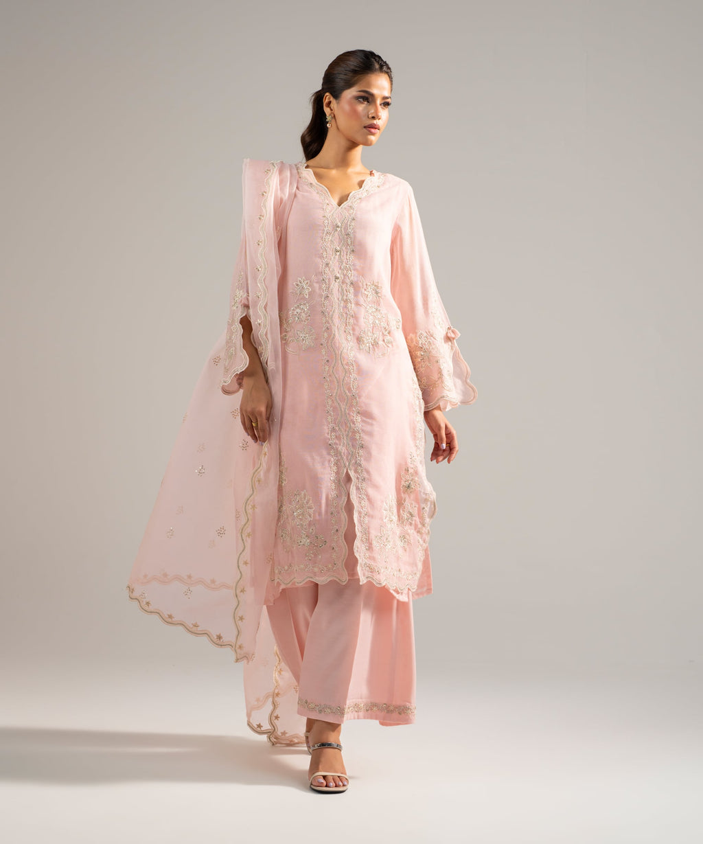 3 Piece - Embroidered Khaddi Net Suit - BABY PINK