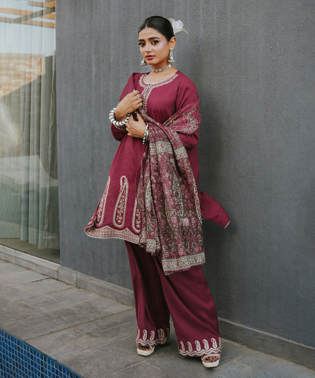 3 Piece - Embroidered Raw Silk Suit