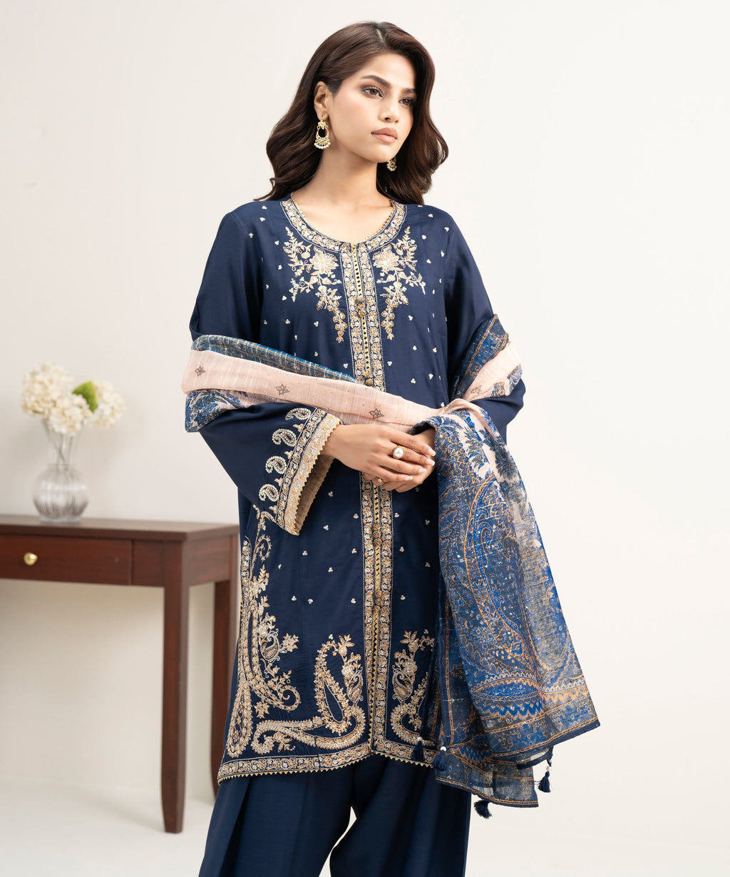3 Piece - Embroidered Raw Silk Suit