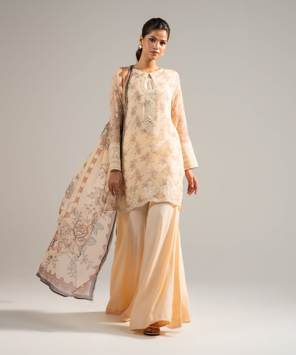3 Piece - Embroidered Chiffon Suit - PEACH