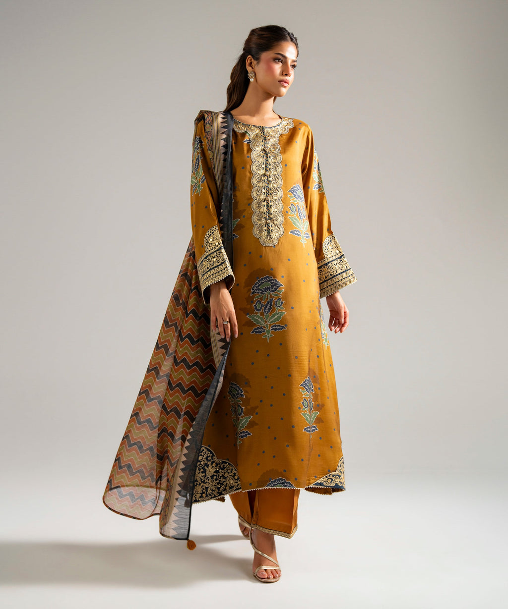 3 Piece - Embroidered Raw Silk Suit - MUSTARD BROWN