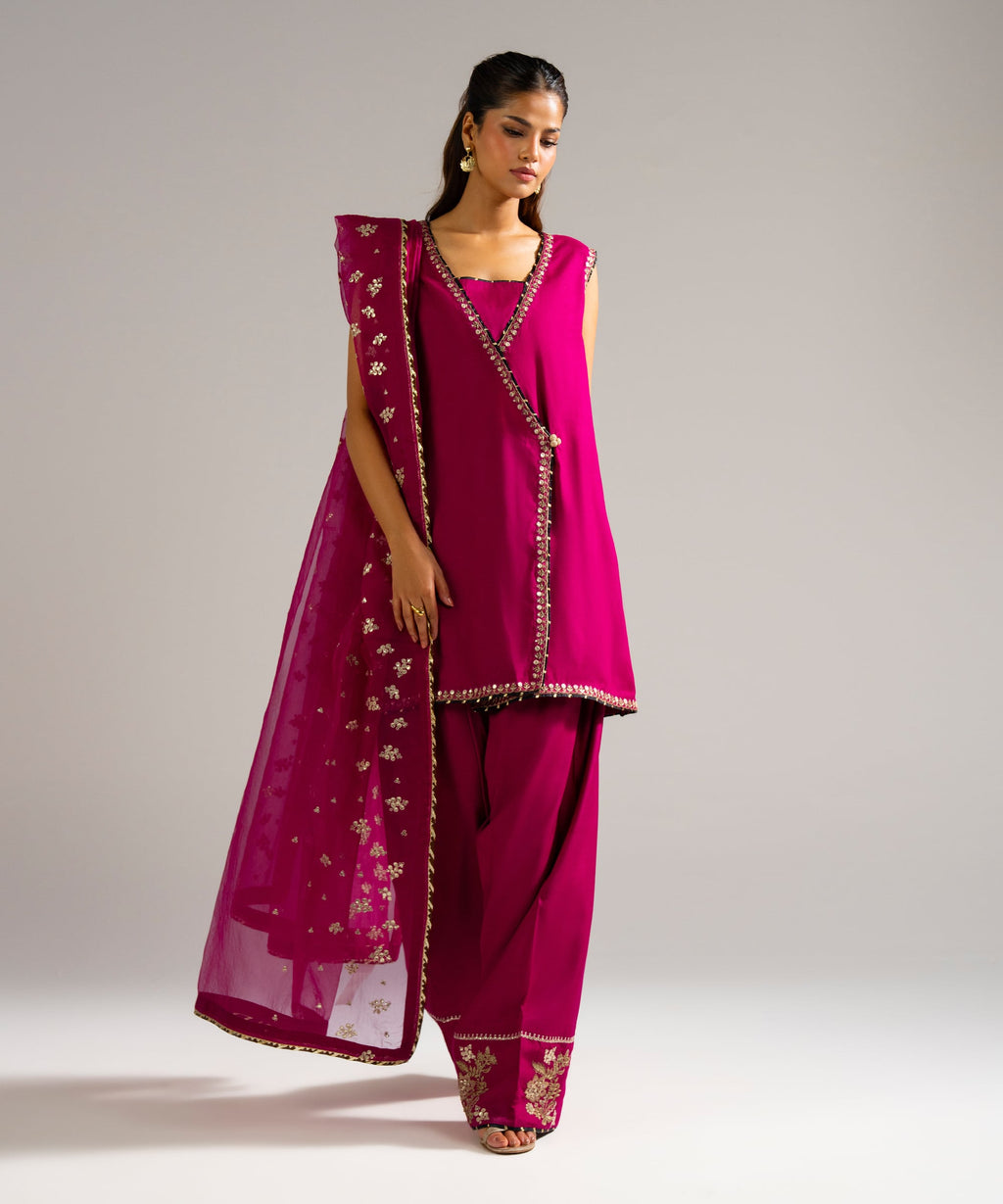 3 Piece - Embroidered Raw Silk Suit - PLUM