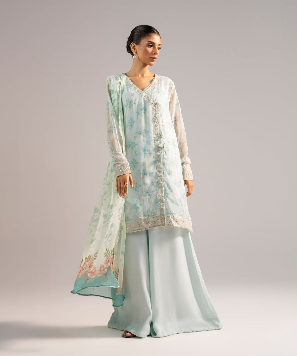 3 Piece - Embroidered Chiffon Suit - BLUE