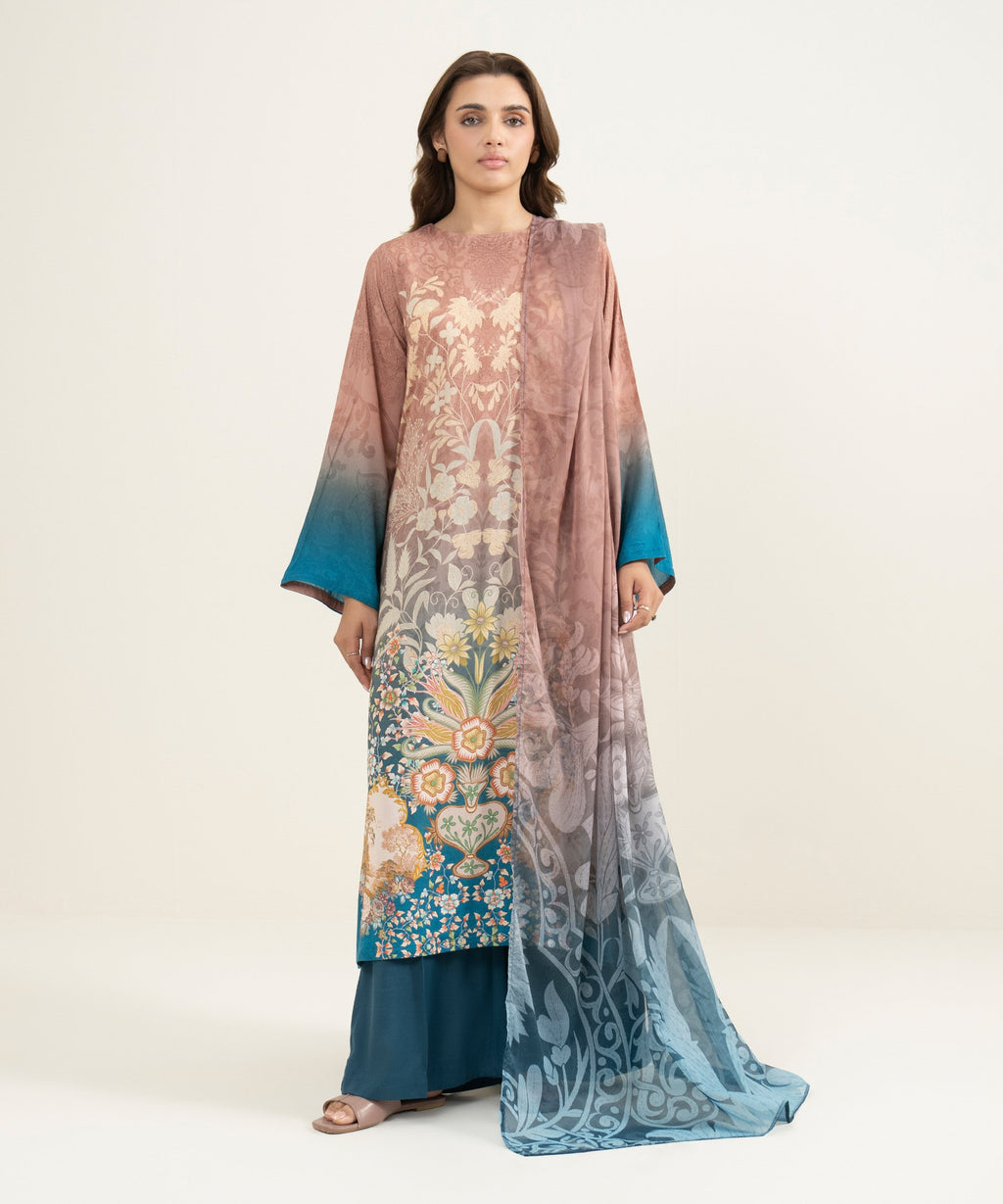 3 Piece - Printed Raw Silk Suit