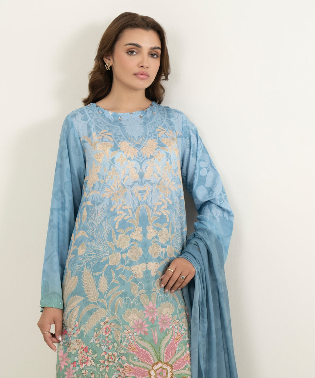3 Piece - Printed Raw Silk Suit