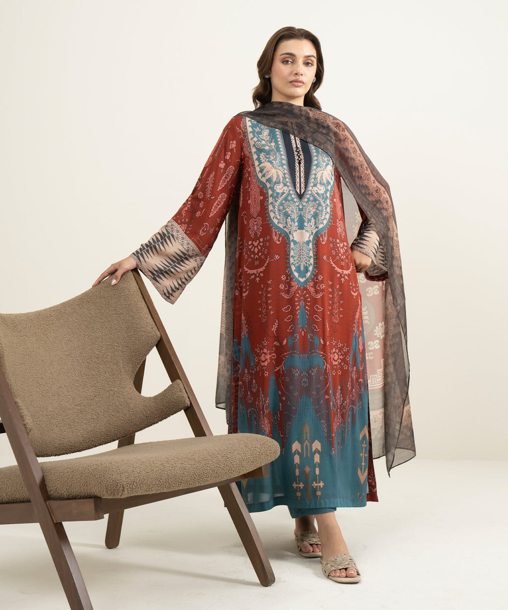 3 Piece - Printed Raw Silk Suit