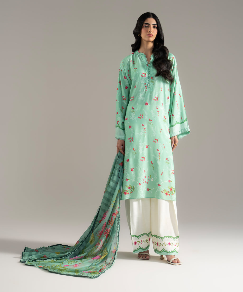 Women's RTW Viscose Raw Silk Printed Sage Green 3 Piece Suit