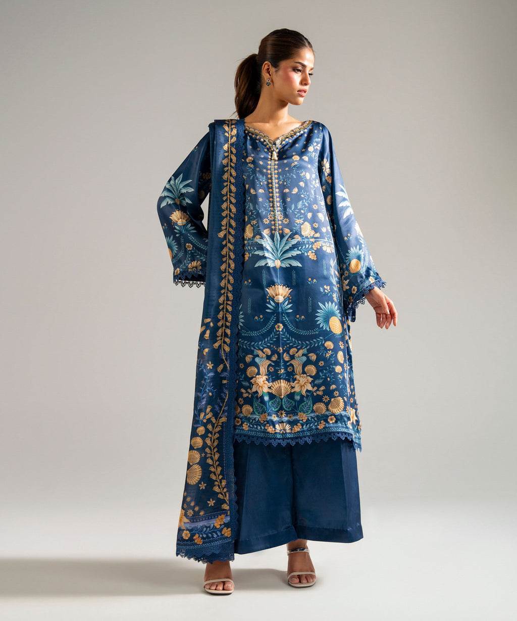 3 Piece - Printed Satin Suit - BLUE