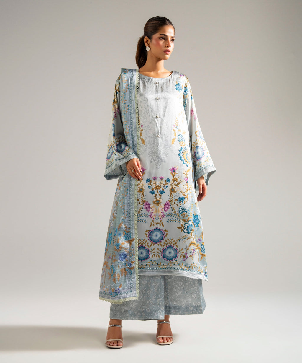 3 Piece - Printed Satin Suit - GREY