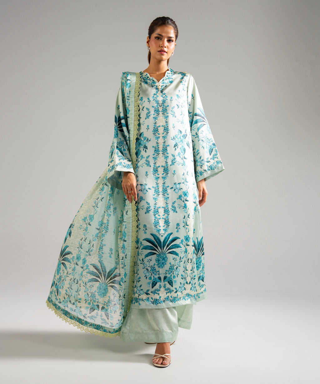 3 Piece - Printed Satin Suit - GREEN