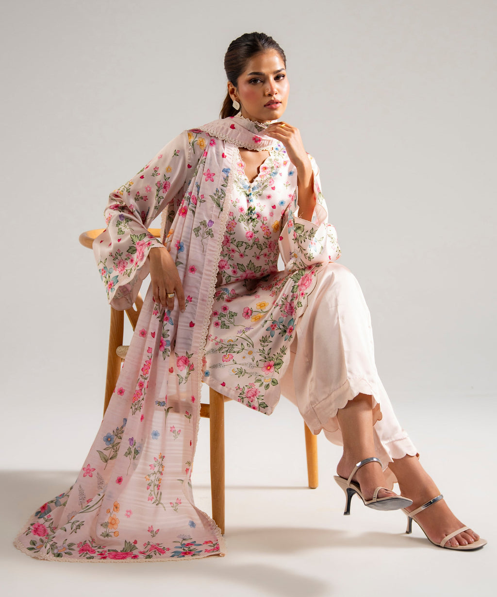 3 Piece - Printed Satin Suit - PINK
