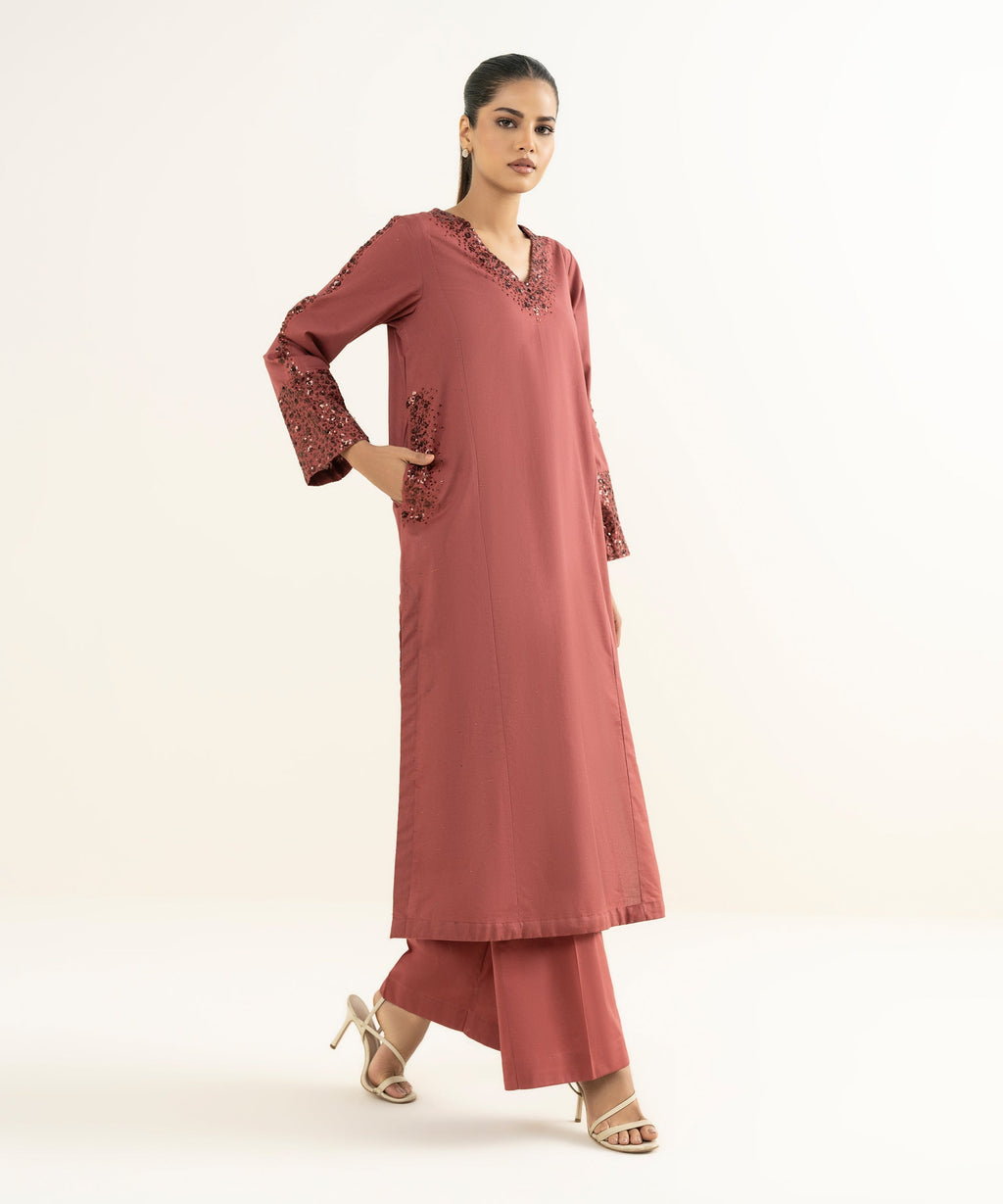 Women's RTW Multineps Embroidered Maroon A-Line Shirt