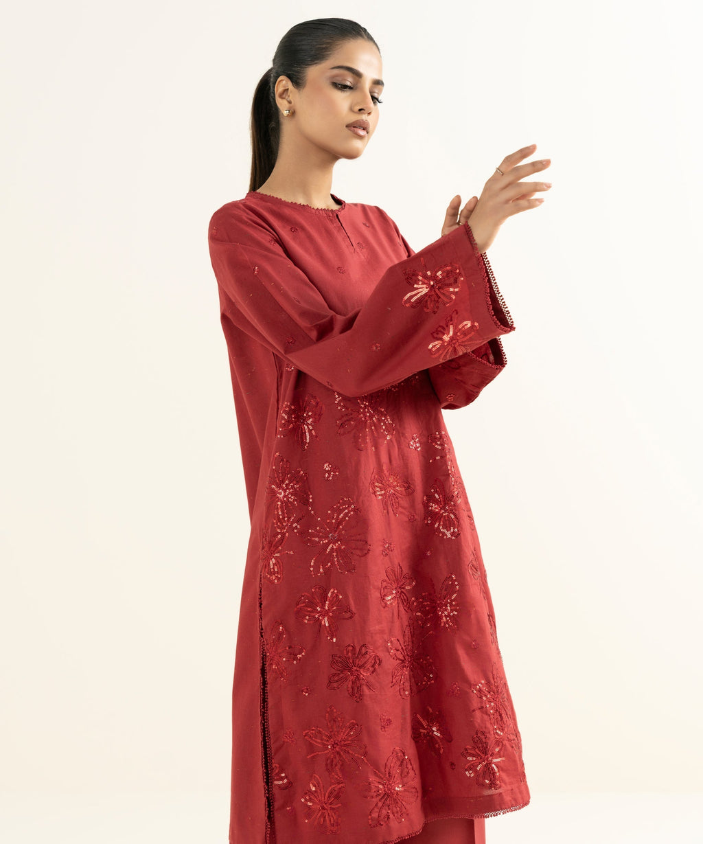 Women's RTW Multineps Embroidered Red Straight Shirt