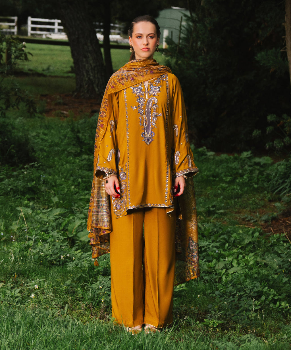 3 Piece - Embroidered Raw Silk Suit
