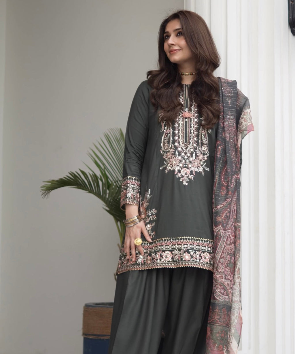 3 Piece - Embroidered Raw Silk Suit